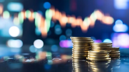 Poster - Closeup view of stacked gold coins with blurred stock market charts in the background signifying wealth growth : Generative AI