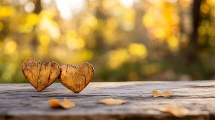 Poster - Romantic wooden hearts on a rustic table with gentle autumn leaves and soft blurred backgrounds depicting love and warmth : Generative AI