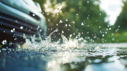 Poster - Dramatic close up of water droplets splashing on a reflective surface during rain by a parked car : Generative AI