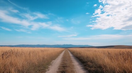 Wall Mural - Wide open road leading through golden fields under a beautiful blue sky and soft clouds : Generative AI