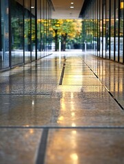 Poster - Modern corridor with polished stone floors reflecting warm light highlighting contemporary architecture and design elegance : Generative AI