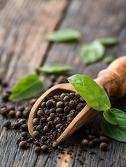 Poster - Organic black peppercorns spilling from a wooden scoop alongside fresh green basil leaves on a rustic surface : Generative AI