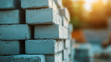 Aufkleber - Closeup view of stacked bricks highlighted by warm sunlight against a blurred background : Generative AI