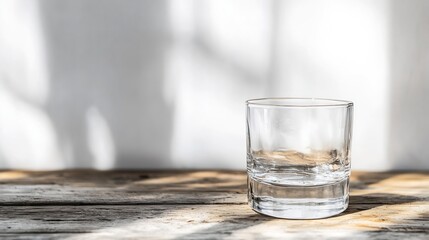 Wall Mural - Minimalist Image of a Crystal Glass on a Wooden Surface with Soft Natural Light and Shadows : Generative AI