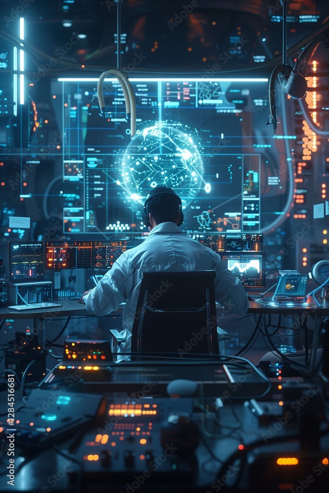 Futuristic scientist analyzing complex data in a high-tech laboratory ...