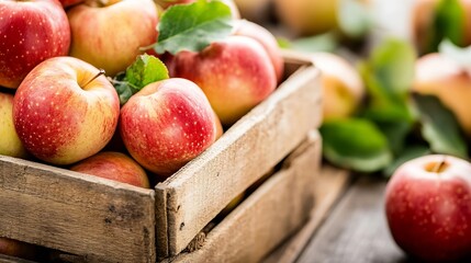 Poster - Freshly harvested red apples in a rustic wooden crate on a farm : Generative AI