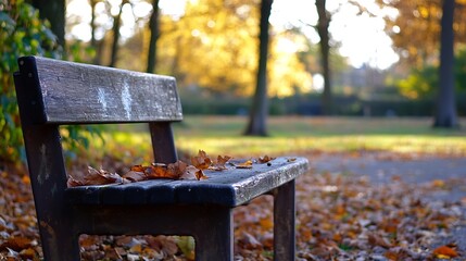 Canvas Print - Rustic wooden bench surrounded by autumn leaves in a quiet park under golden trees signaling the fall season : Generative AI