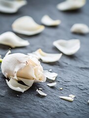 Poster - Softly arranged white rose petals scattered on rustic slate surface portraying beauty and fragility of nature : Generative AI