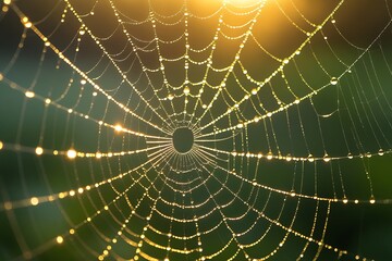 Spider web, intricate, dew drops, golden light, bokeh, macro photography, nature, delicate, morning mist, sunlight, ethereal, detailed, vibrant, magical, green background, close-up, strand of silk, or