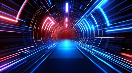 Wall Mural - Futuristic tunnel with vibrant blue and red light creating a dynamic motion effect