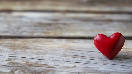 Poster - Single red heart figurine resting on rustic wooden surface evoking love and affection in a minimalist style : Generative AI