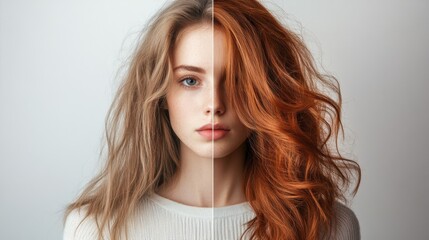 Poster - Transformation of hairstyle showcasing dull hair on the left and stylish hair on the right with a neutral background. Generative AI