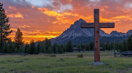 Canvas Print - Wooden cross in a meadow at sunset, mountains in background