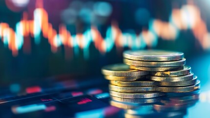Aufkleber - Dynamic financial image featuring stacked coins with colorful market data in the background : Generative AI