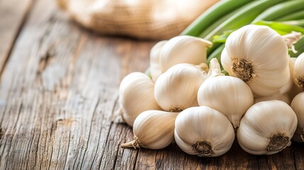 Poster - Freshly harvested garlic bulbs arranged on a rustic wooden table with green onions : Generative AI