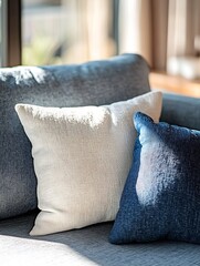 Aufkleber - Beautiful arrangement of cozy cushions on a contemporary sofa near window light : Generative AI