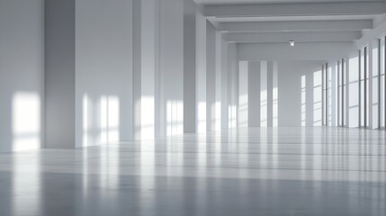 Poster - Empty spacious interior of a minimalist room with large windows creating a serene atmosphere with natural light : Generative AI