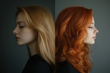 Poster - Transformation from dull to stylish hairstyle showcasing two distinct looks in a portrait setting. Generative AI