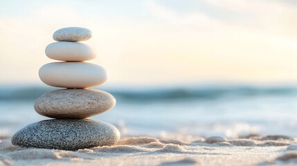 Poster - Beautifully Stacked Pebbles on Sandy Beach with Calm Waves in Background : Generative AI