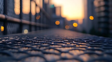 Aufkleber - Urban Perspective of Metallic Grate with Blurred City Lights During Twilight : Generative AI
