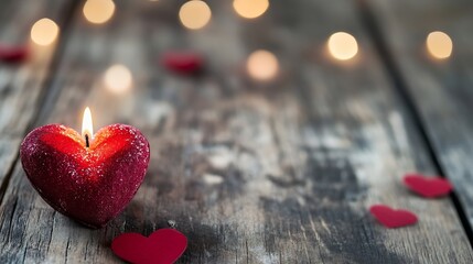Poster - Beautiful romantic candle in heart shape glowing on wooden table with love themed decor : Generative AI