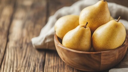 Poster - Delicious ripe pears arranged in a wooden bowl on a rustic table for a healthy snack : Generative AI