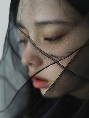 Poster - Close up of a contemplative woman draped in a sheer veil capturing delicate emotions and beauty : Generative AI