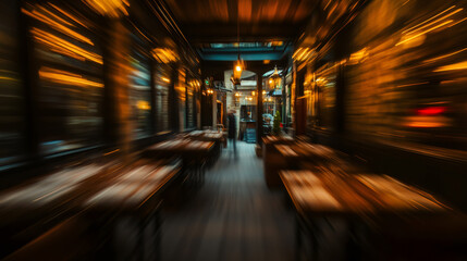 Poster - Radial zoom effect inside a restaurant with warm lights illuminating wooden tables and a waiter walking