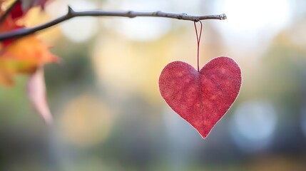Poster - Beautiful Heart Shaped Red Leaf Hanging from Branch Capturing Autumn Essence : Generative AI