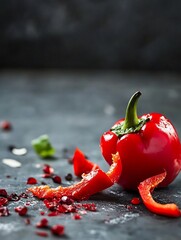 Poster - Sliced red bell pepper with skin and seeds on dark stone background for cooking : Generative AI