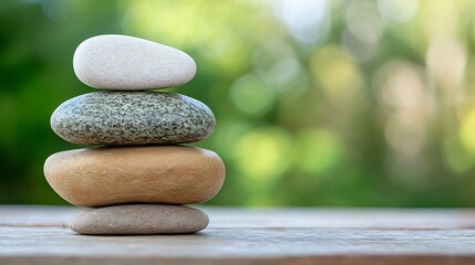 Fototapete - Balanced Stones Stacked Neatly on Wooden Surface Representing Tranquility : Generative AI