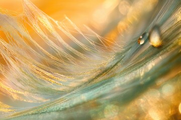 Poster - A glistening feather, adorned with golden dust, captures a single dewdrop in its delicate embrace.