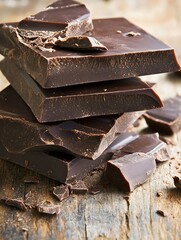 Aufkleber - Rich Dark Chocolate Blocks Piled on Wooden Surface Highlighting Texture and Color : Generative AI