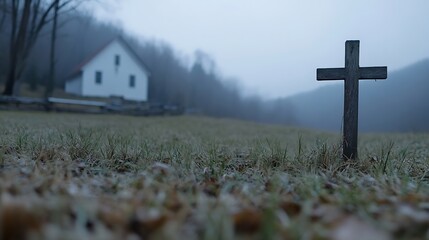 Aufkleber - Misty Landscape with Wooden Cross and Isolated House in the Background for Reflection : Generative AI