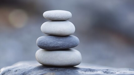 Poster - Beautifully arranged stack of smooth pebbles symbolizing balance and tranquility on a blurred background : Generative AI