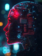 Poster - Side profile of a futuristic human head showcasing mechanical structures and glowing robotic eye in a cybernetic design. Generative AI