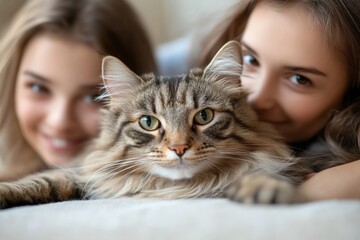 Wall Mural - two girls enjoy playful moments with their fluffy cat at home during a cozy afternoon