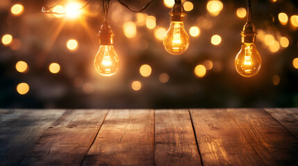 Aufkleber - Warm light bulbs hanging above an empty wooden table creating a cozy and inviting atmosphere at night