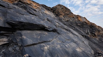Poster - Dramatic closeup view of textured dark rocky surface under a cloudy sky revealing geological features : Generative AI