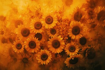 Poster - A vibrant bouquet of sunflowers, bathed in warm, golden light, creates a stunning autumnal scene.