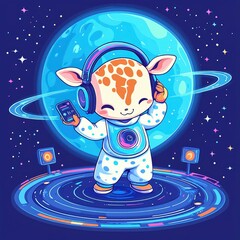 Wall Mural - cute astronaut giraffe djing in space with headphones and smartphone