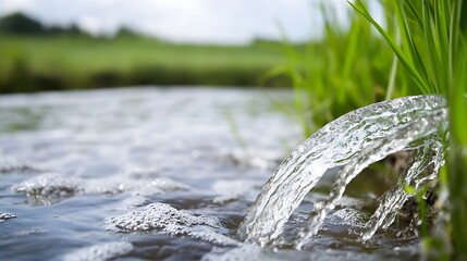 Aufkleber - Closeup of water flowing from a natural spring surrounded by lush green grass and fields : Generative AI