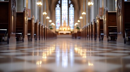 Aufkleber - Interior View of a Beautiful Church with Stained Glass Windows and Polished Floors : Generative AI