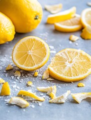 Aufkleber - Fresh cut lemon slices scattered with zest on a textured gray surface showcasing vibrant fruit : Generative AI