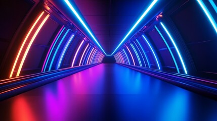 Wall Mural - Futuristic neon tunnel with vibrant light leading into darkness, creating a surreal atmosphere