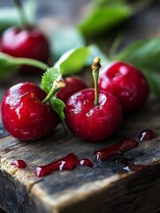 Poster - Fresh and juicy cherries with vibrant colors on rustic wooden surface : Generative AI