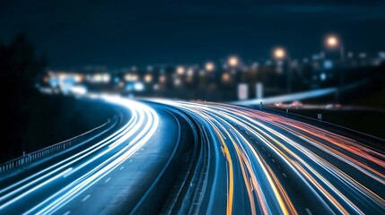 Poster - Dynamic night traffic photo capturing vibrant light trails on a busy highway showcasing urban life : Generative AI