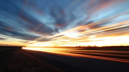 Aufkleber - Dynamic sunset landscape captured with motion blur conveying speed and vivid colors across the horizon : Generative AI
