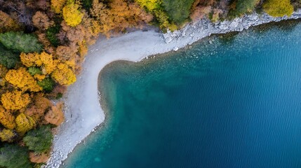 Poster - Vibrant Aerial View of Crystal Clear Lake Surrounded by Autumn Foliage and Rocky Shoreline : Generative AI