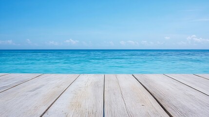 Poster - Tranquil shoreline with clear blue waters and a wooden platform under a clear sky : Generative AI